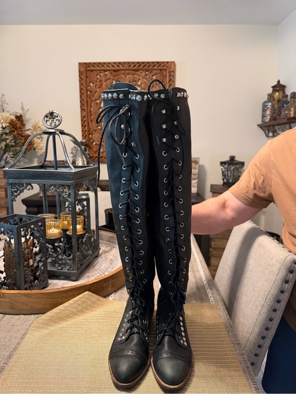Jeffrey Campbell Black Lace-Up Knee-High Boots with Stud Trim